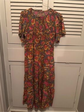 Floral Midi Dress in Pink & Mustard